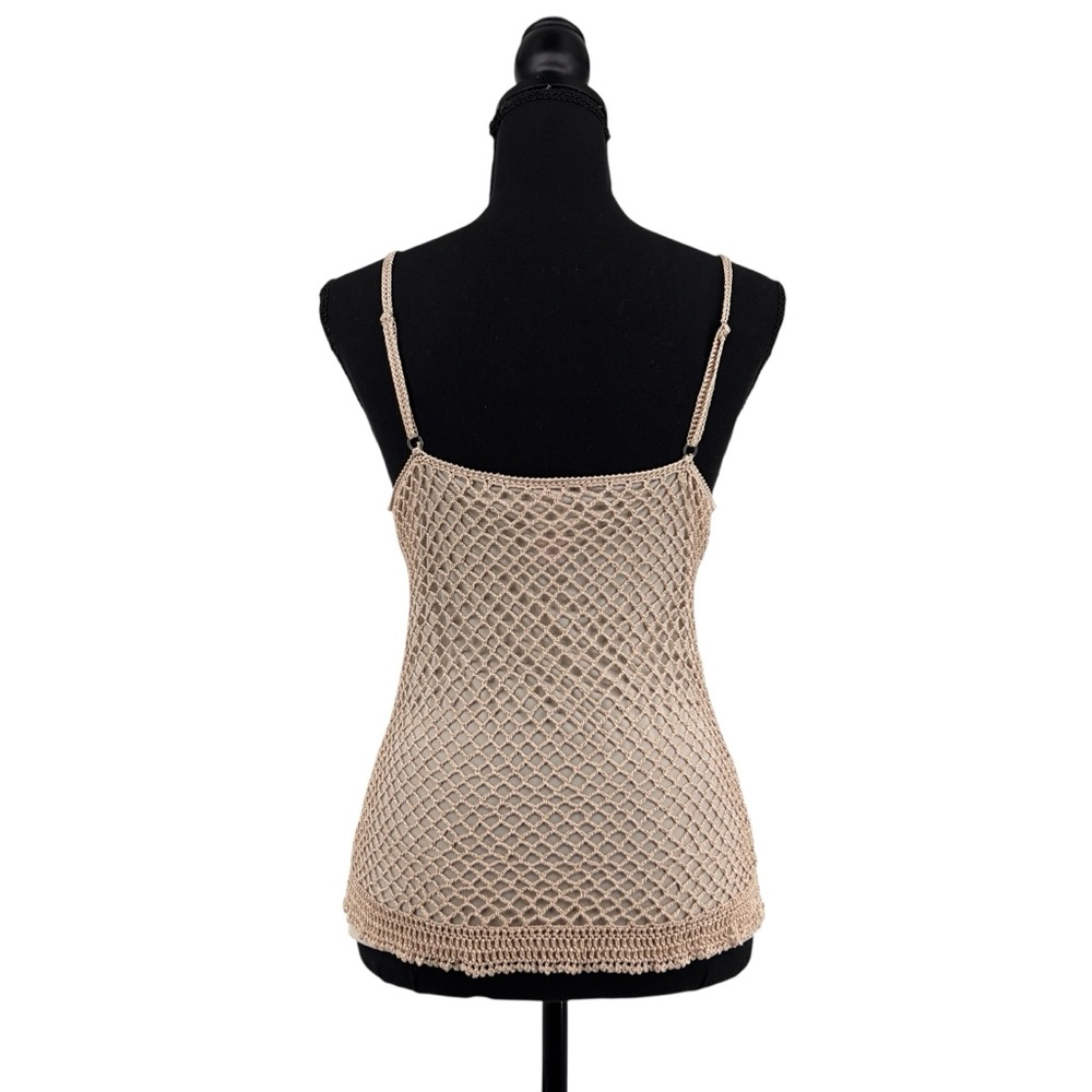 Say What? Y2K Crochet Double Layer Tank Sz L Ribbon Tie Tan Adjustable Strap - Picture 2 of 16